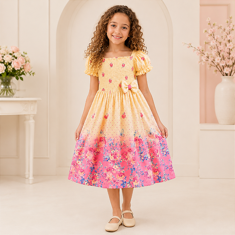 Vestido Infantil Flores e Borboletas Rosa