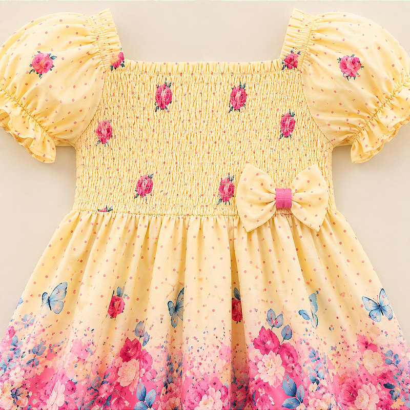 Vestido Infantil Flores e Borboletas Rosa