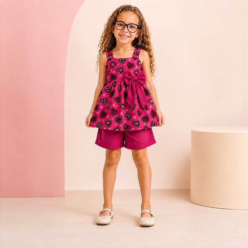 Conjunto Infantil Menina Bata Floral com Laço + Short