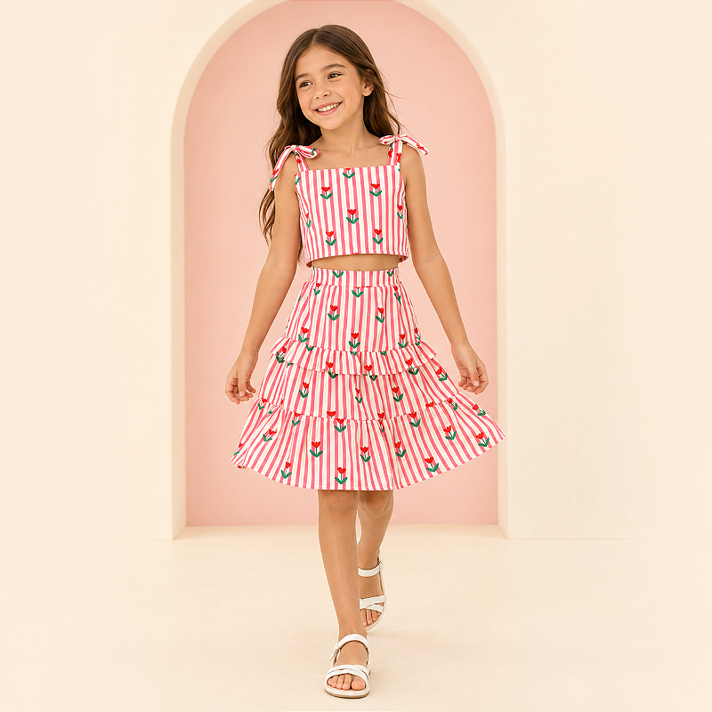 Conjunto Infantil Menina Cropped e Saia Listrada Rosa com Tulipas e Babados