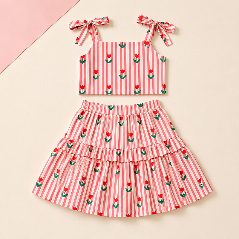 Conjunto Infantil Menina Cropped e Saia Listrada Rosa com Tulipas e Babados
