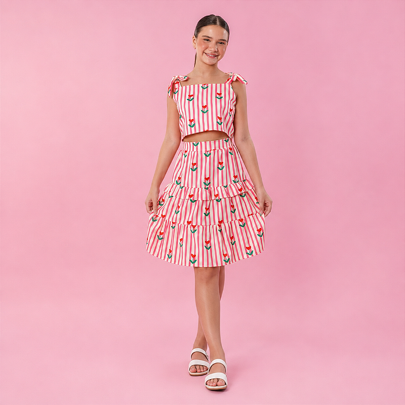 Conjunto Infantil Menina Cropped e Saia Listrada Rosa com Tulipas e Babados