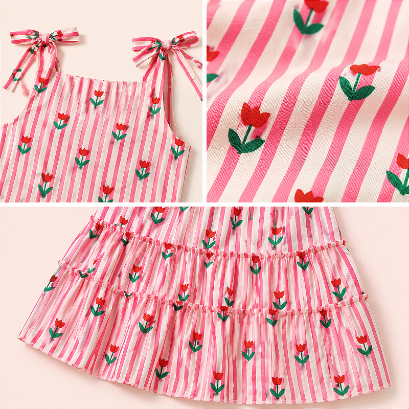 Conjunto Infantil Menina Cropped e Saia Listrada Rosa com Tulipas e Babados