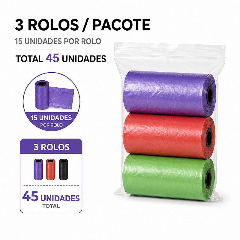 Kit 5 Pacotes 15 Rolos 225 Saquinhos Cata Caca Pet