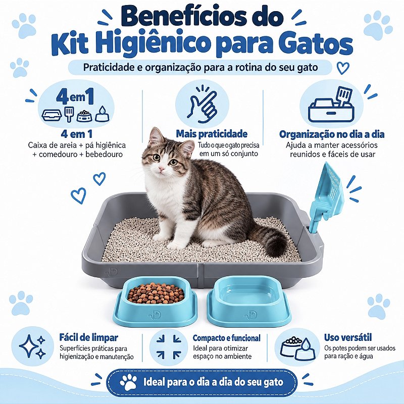 Kit 4 em 1 para Gatos DPet com Caixa de Areia, Comedouro, Bebedouro e Pá