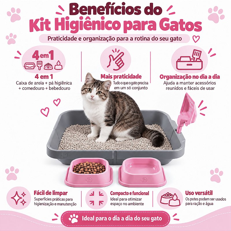 Kit 4 em 1 para Gatos DPet com Caixa de Areia, Comedouro, Bebedouro e Pá