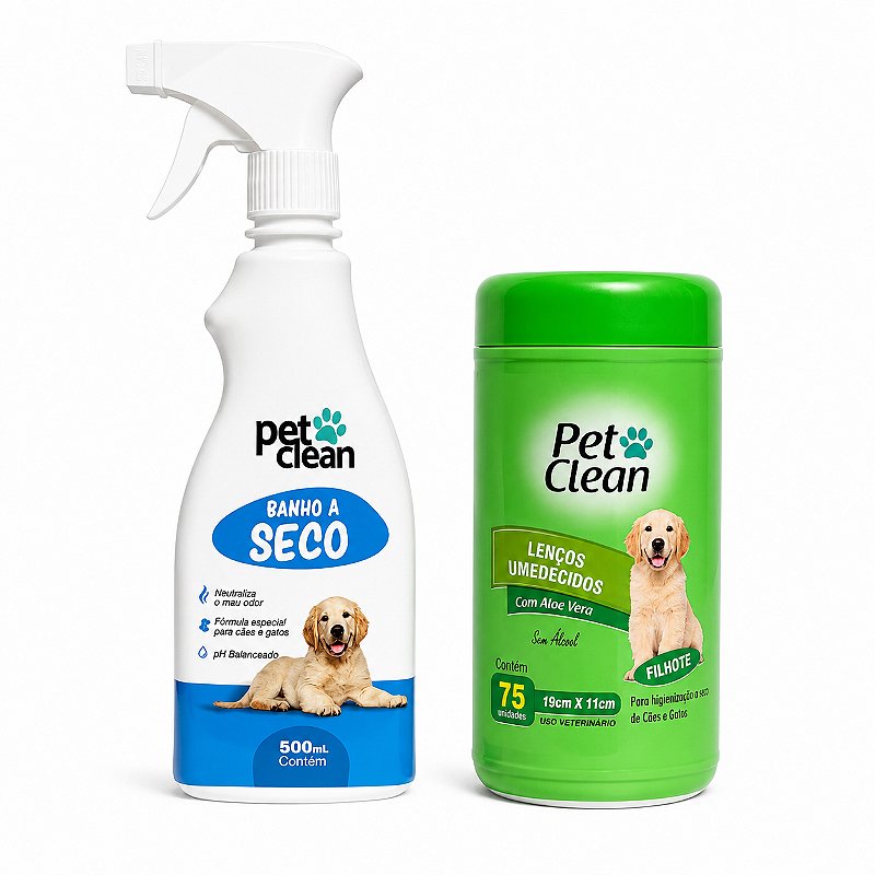 Kit Pet Clean Banho a Seco 500ml + Lenços Umedecidos 75 Unidades