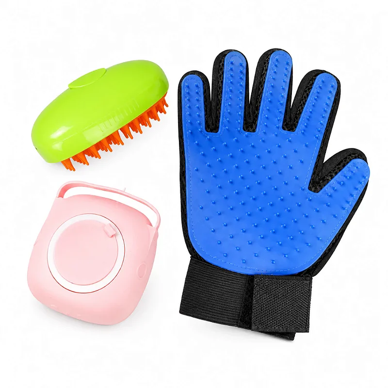 Kit Banho Pet 3 em 1 com Escova A Vapor, Esponja Dispenser e Luva Tira-Pelos