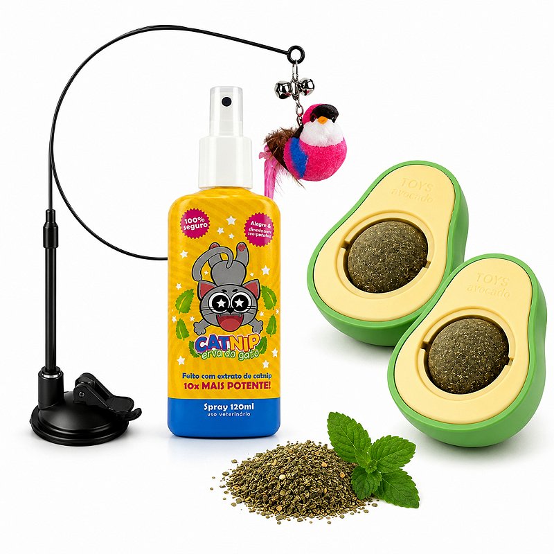 Kit Brinquedos para Gatos Catnip Varinha Ventosa + Spray CatMyPet