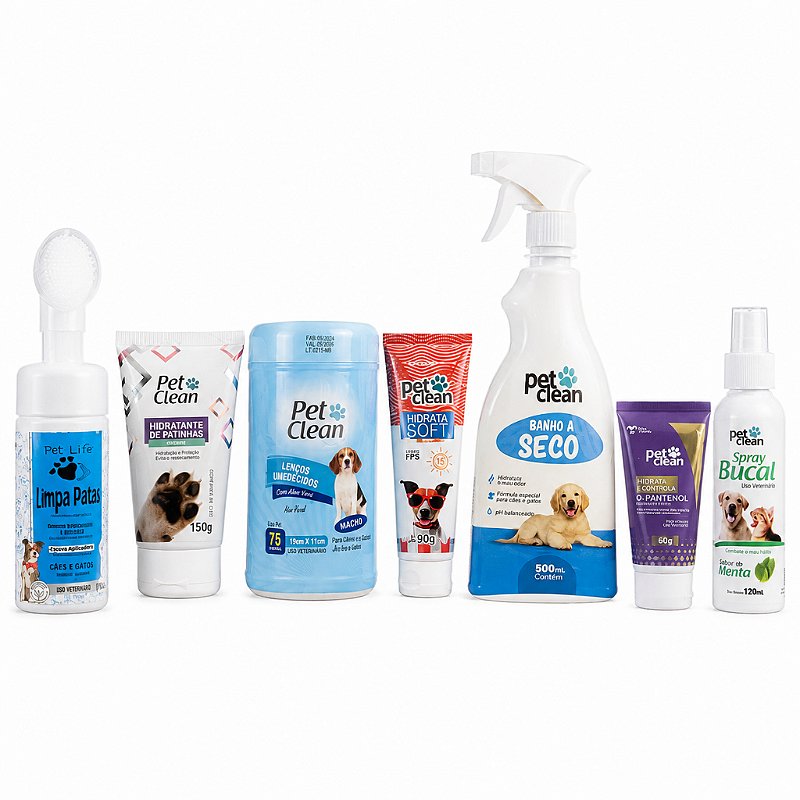 Kit Cuidados Diários Pet Clean com 7 Produtos para Cães e Gatos