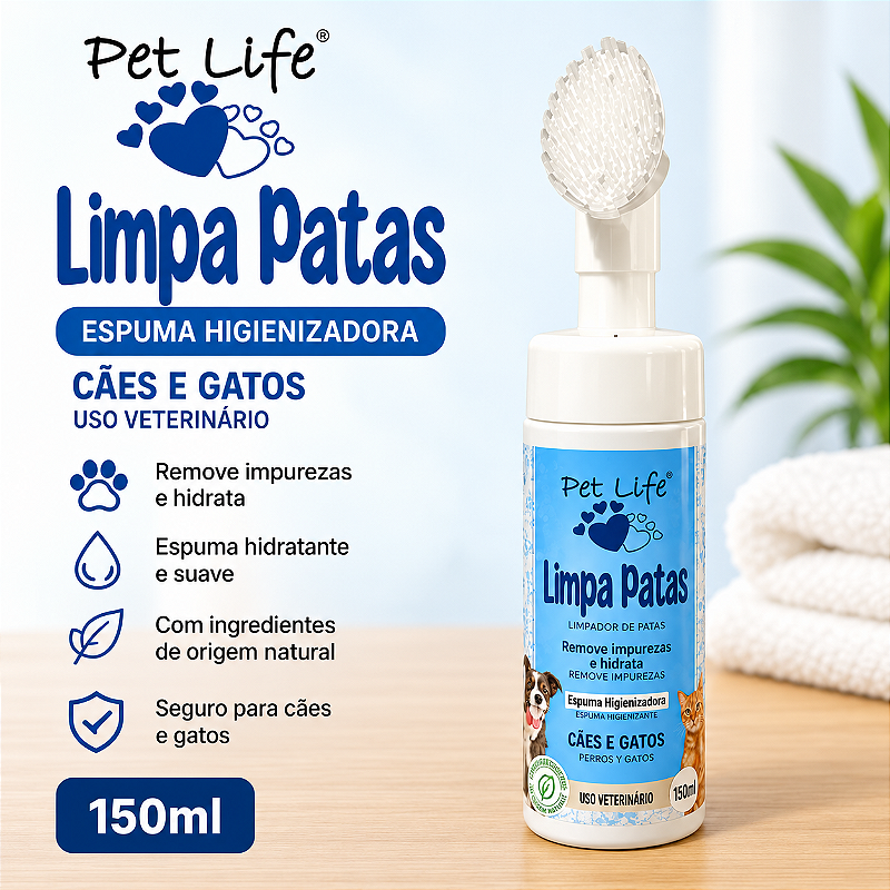 Limpa Patas Pet Life 150ml com Escova Aplicadora para Cães e Gatos