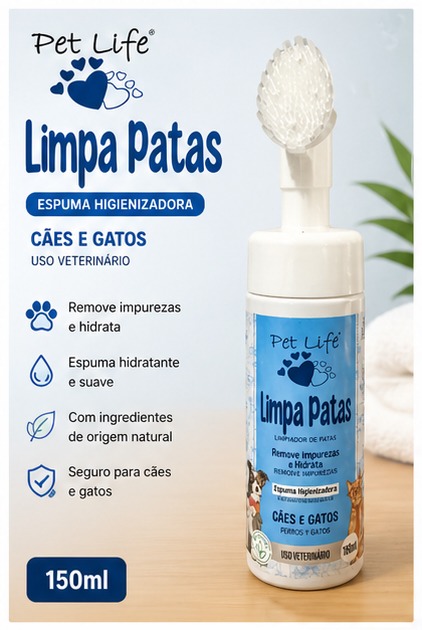 Limpa Patas Pet Life 150ml com Escova Aplicadora para Cães e Gatos