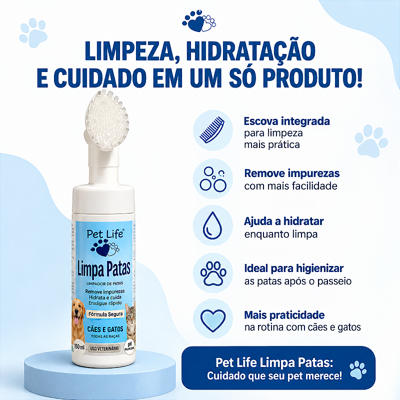 Limpa Patas Pet Life 150ml com Escova Aplicadora para Cães e Gatos