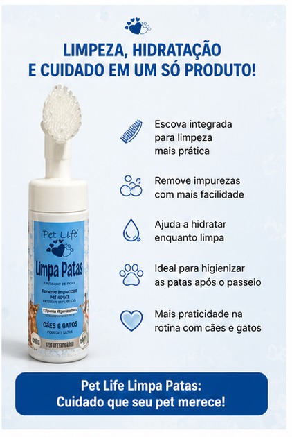 Limpa Patas Pet Life 150ml com Escova Aplicadora para Cães e Gatos