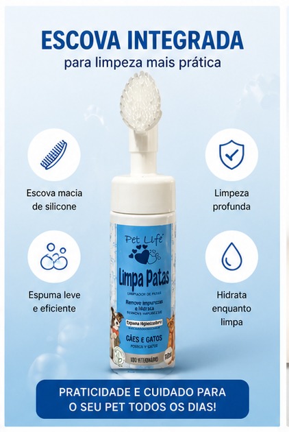 Limpa Patas Pet Life 150ml com Escova Aplicadora para Cães e Gatos