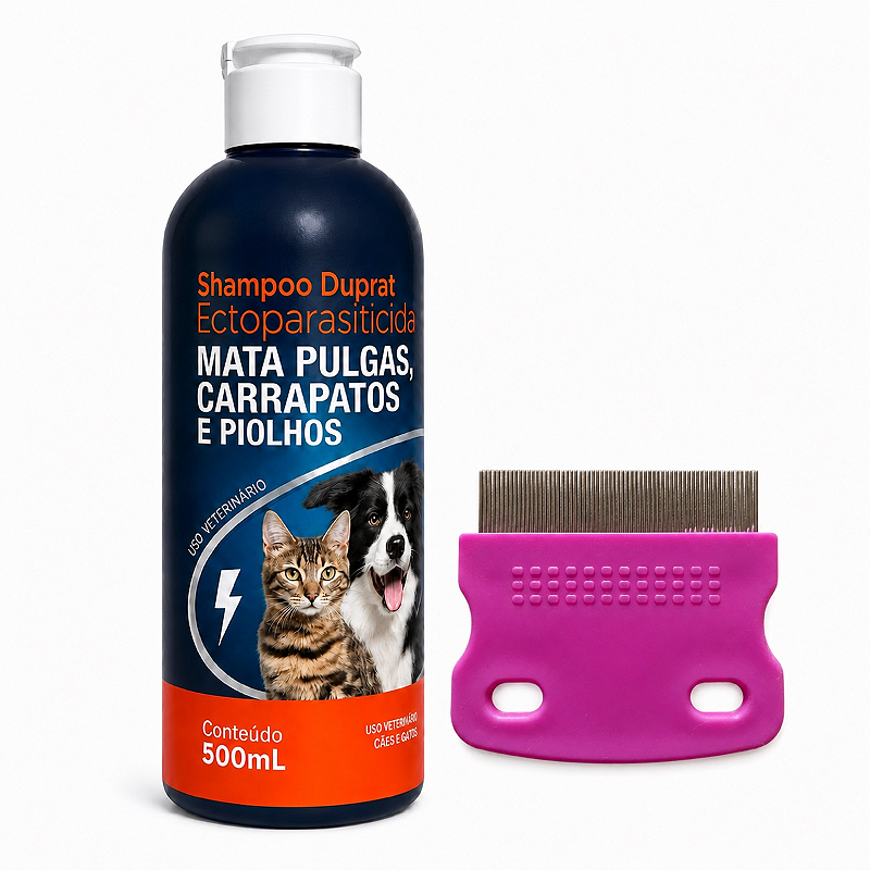 Kit Shampoo Antipulgas Duprat 500ml + Pente Fino Pet