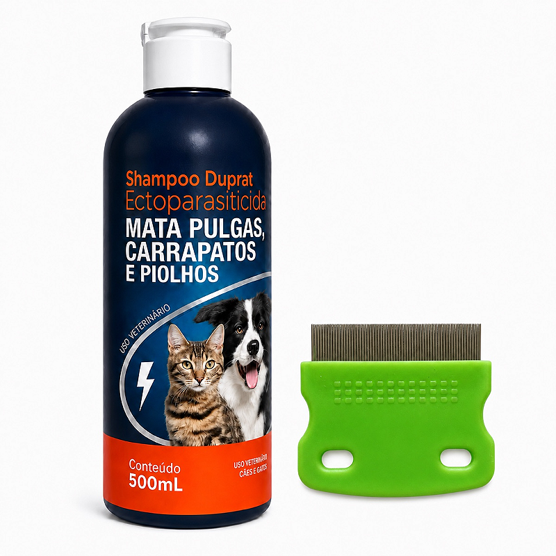 Kit Shampoo Antipulgas Duprat 500ml + Pente Fino Pet