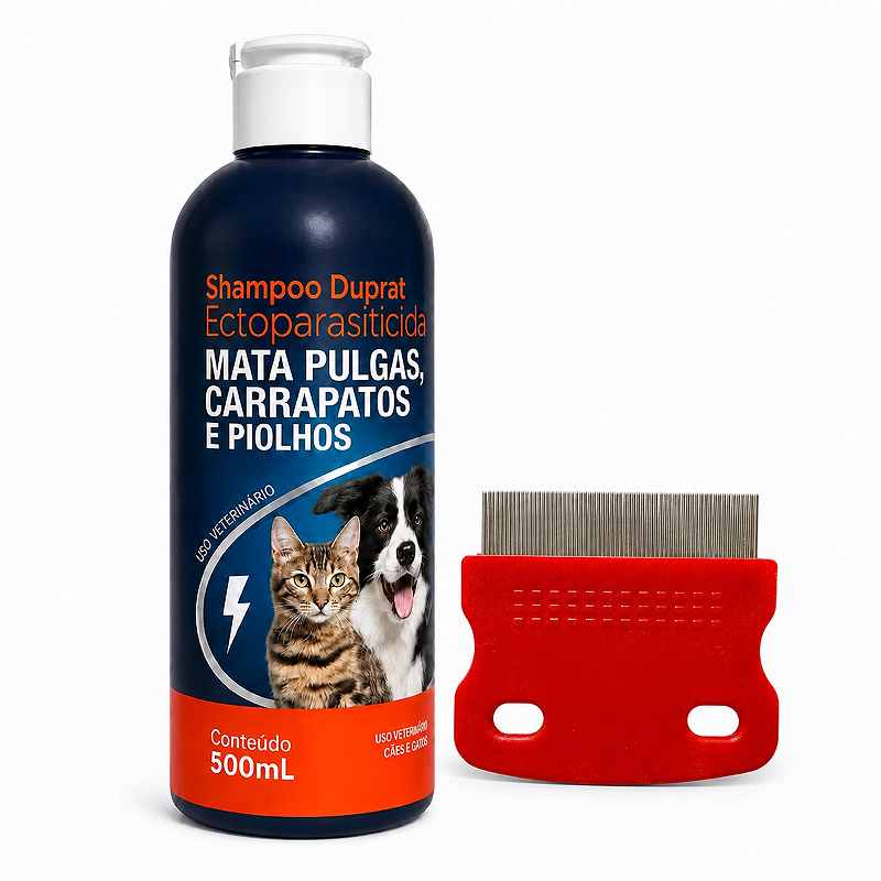 Kit Shampoo Antipulgas Duprat 500ml + Pente Fino Pet
