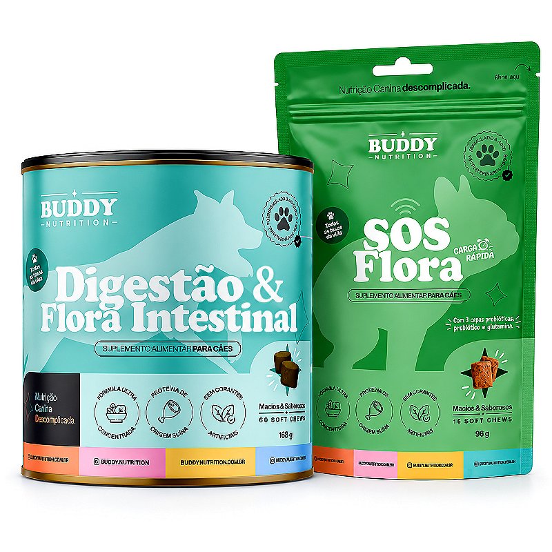 Kit Saúde Intestinal Cães Buddy Digestão & Flora + SOS Flora