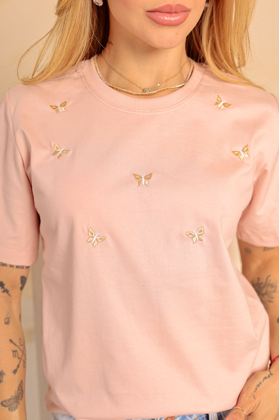 Tshirt Bordada Mini Borboletas Rosa