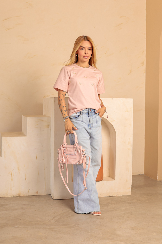 Tshirt Bordada Mini Borboletas Rosa