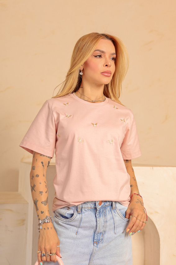 Tshirt Bordada Mini Borboletas Rosa