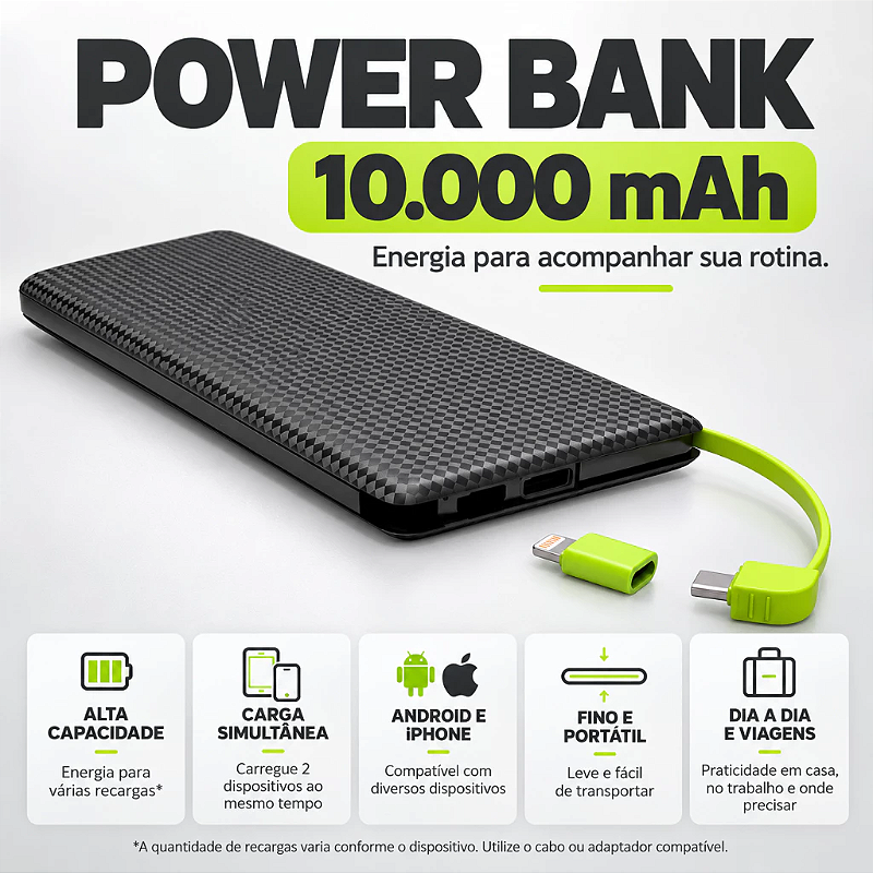 Power Bank Universal 10.000 Mah Carregador Celular Compatíve