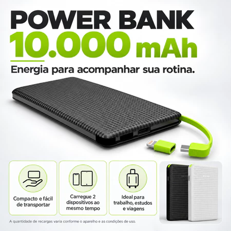 Power Bank Universal 10.000 Mah Carregador Celular Compatíve