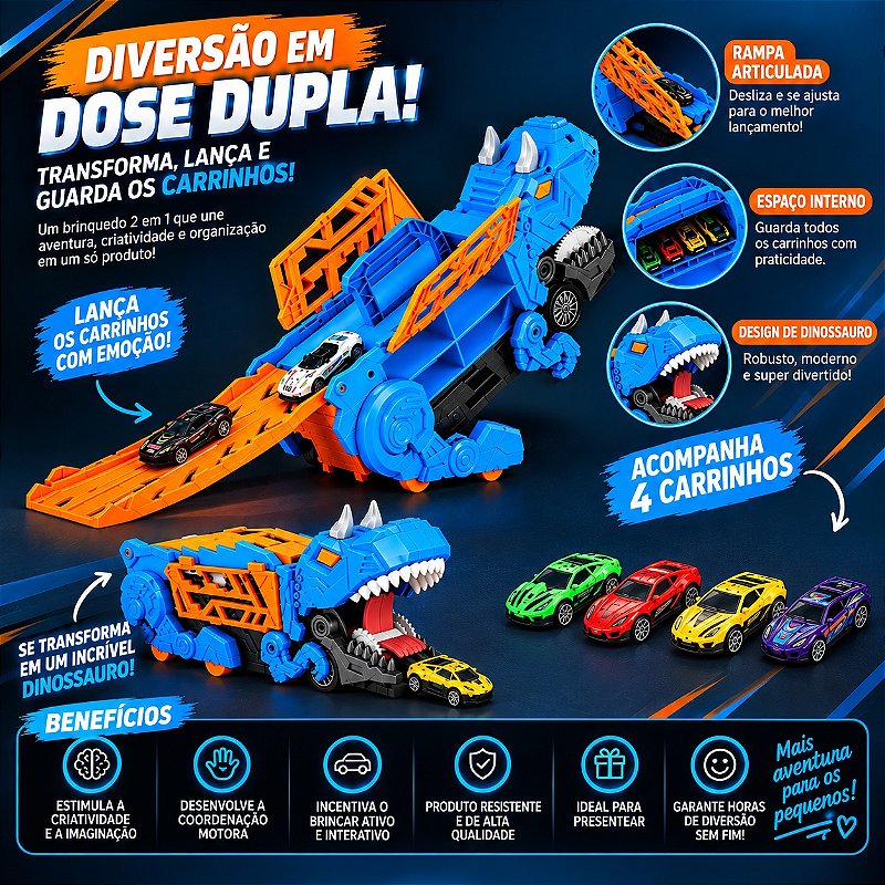 Caminhão Dinossauro 2 em 1 com Pista e 4 Carrinhos