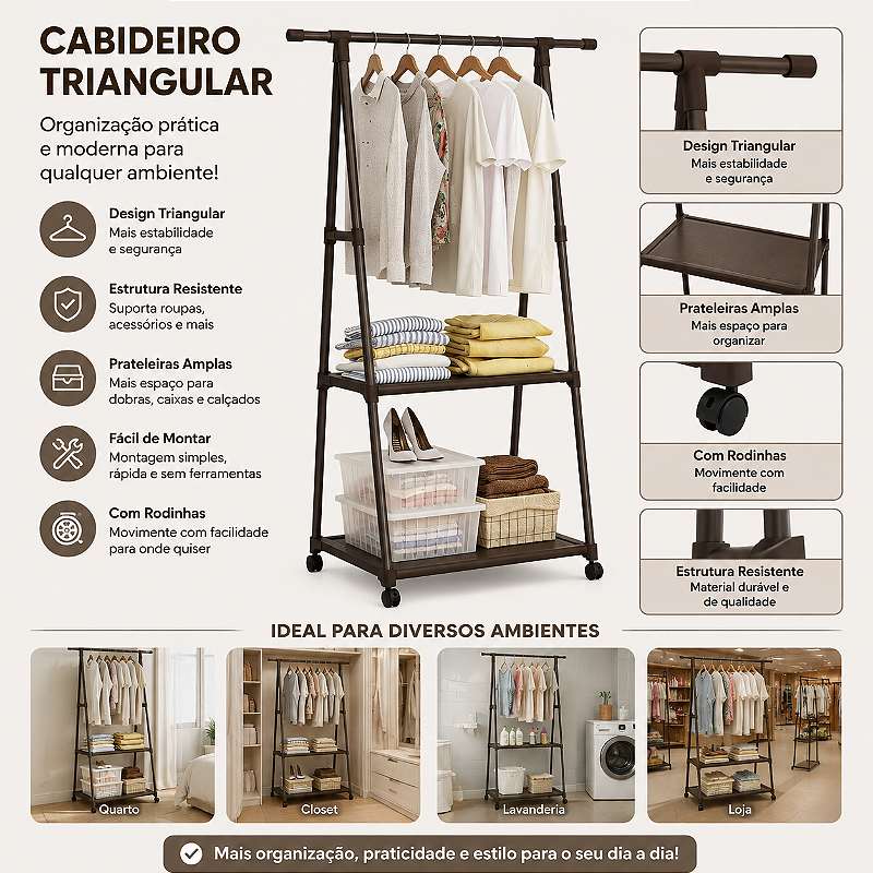 Cabideiro Triangular com Prateleiras e Rodinhas