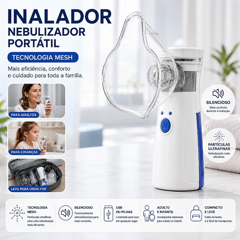 Inalador Nebulizador Portátil Ultrassônico USB/Pilhas