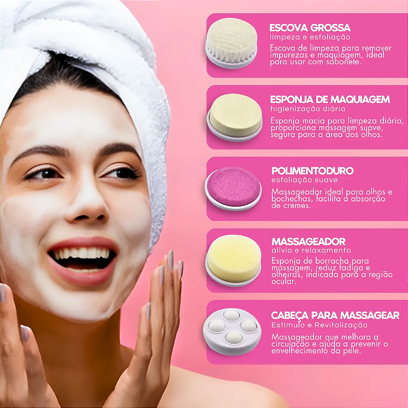 Escova Facial Elétrica 5 em 1 Portátil Esfoliante e Massagea