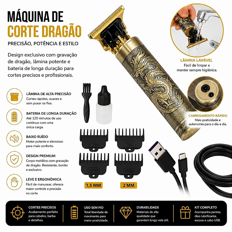 Máquina de Barbear e Cortar Cabelo Profissional Recarregável