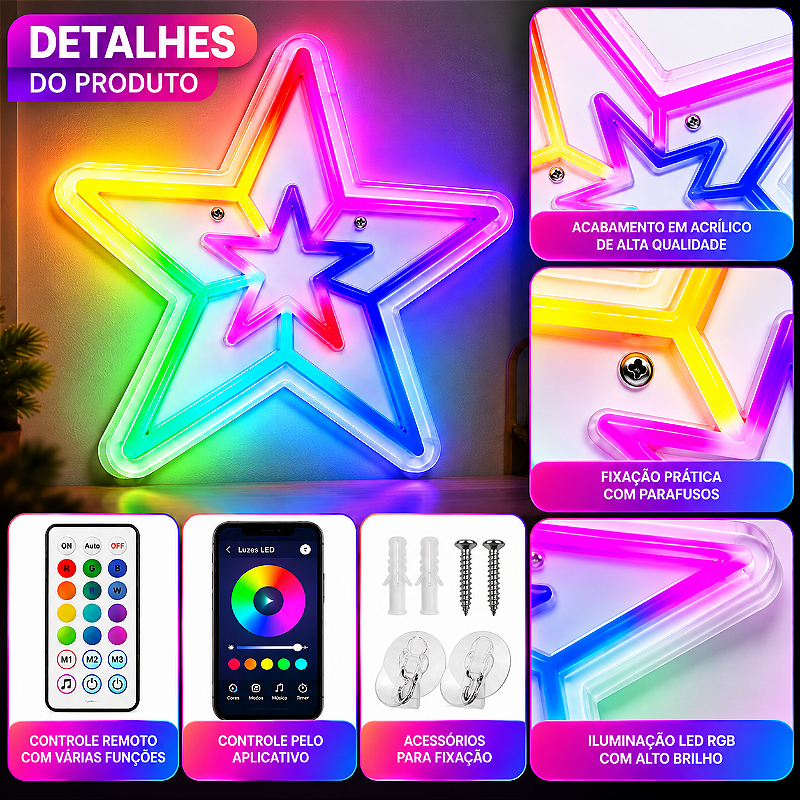 Estrela Neon LED RGB com Controle Remoto e App