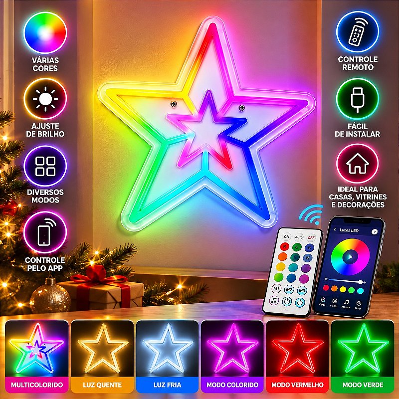 Estrela Neon LED RGB com Controle Remoto e App