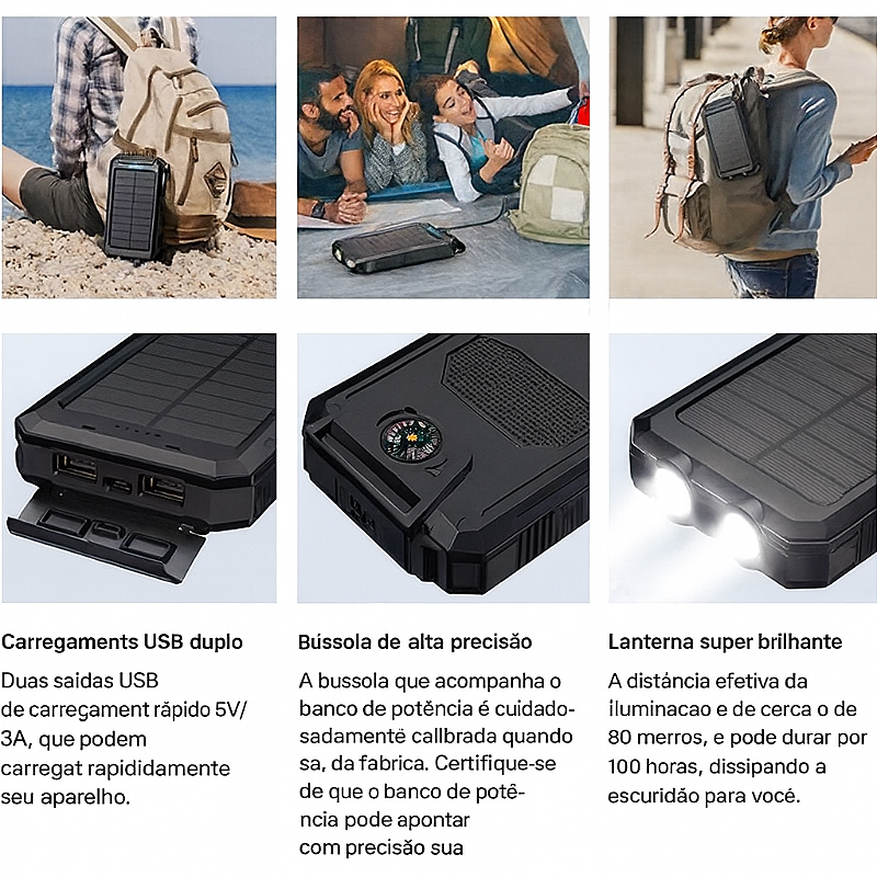 Carregador Portátil Power Bank Solar Usb Preto