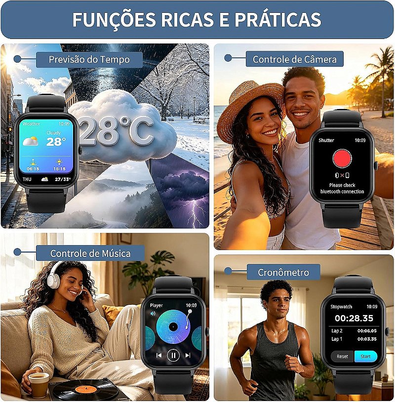 Smartwatch PEJE ZW01 com Chamadas, Pulseira Extra e 123+ Modos Esportivos Aprova d Agua