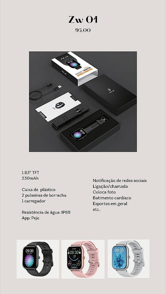Smartwatch PEJE ZW01 com Chamadas, Pulseira Extra e 123+ Modos Esportivos Aprova d Agua