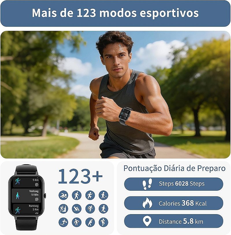 Smartwatch PEJE ZW01 com Chamadas, Pulseira Extra e 123+ Modos Esportivos Aprova d Agua