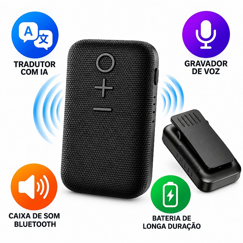 Tradutor de Voz com IA Bluetooth – Gravador e Caixa de Som P