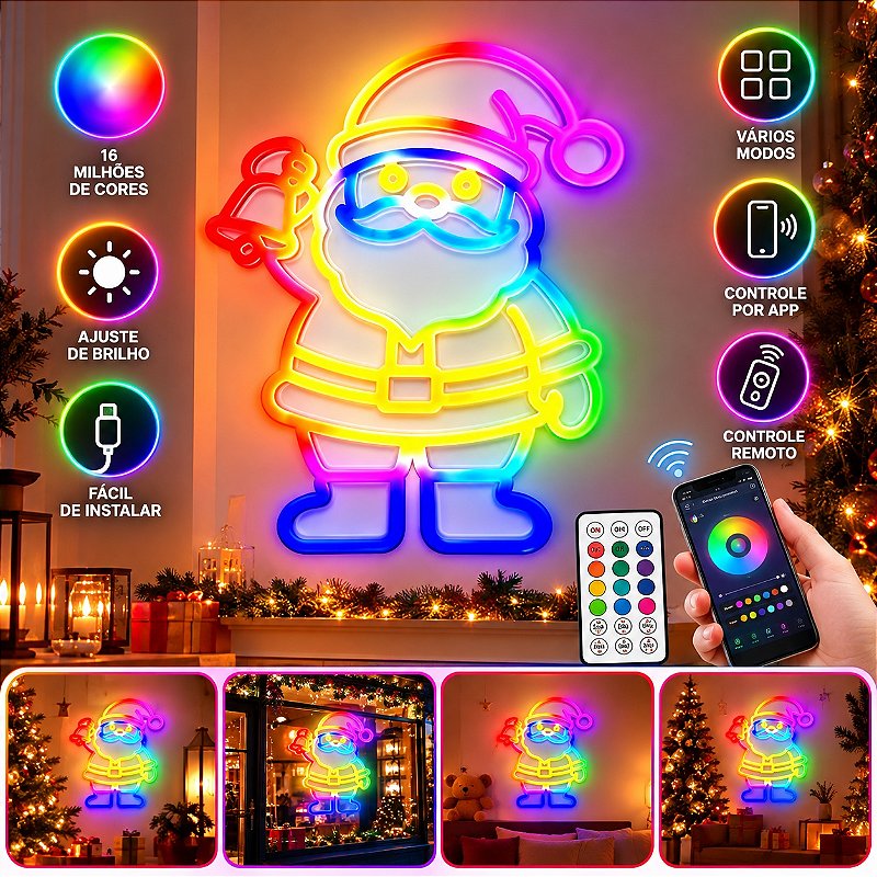 Papai Noel Neon LED RGB com Controle Remoto e App