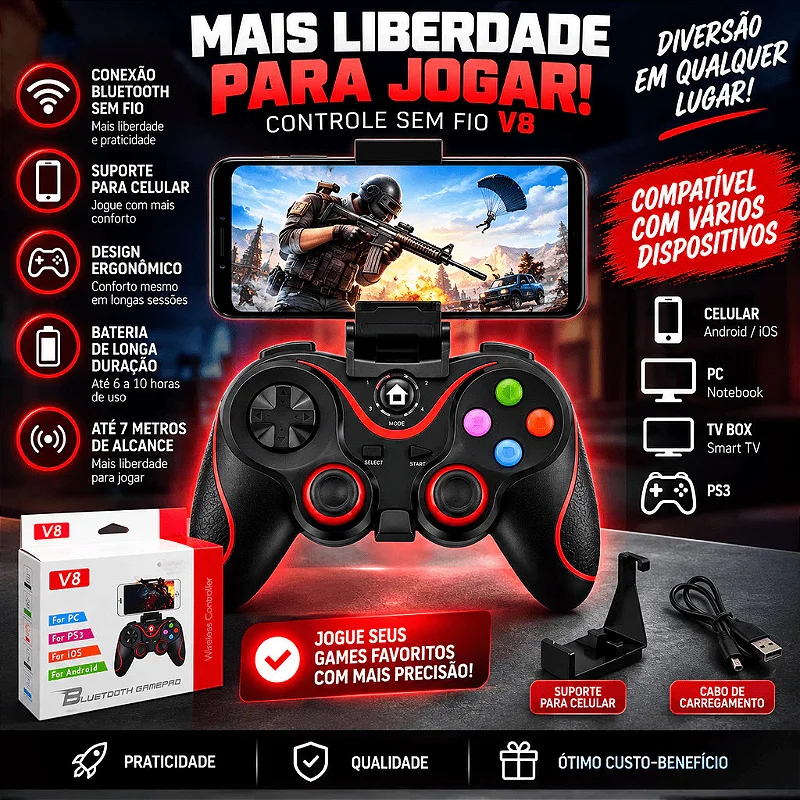 Controle Gamer sem Fio para Celular com Suporte Ajustável