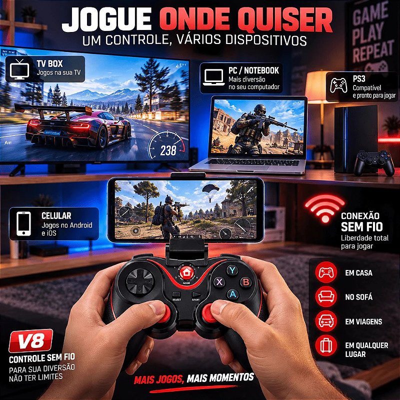 Controle Gamer sem Fio para Celular com Suporte Ajustável