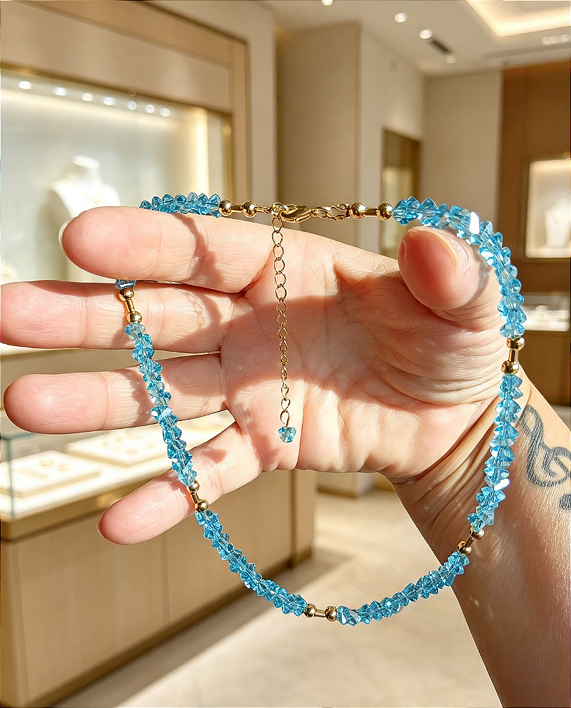 Colar (choker) cristal áurea lascas Azul Claro