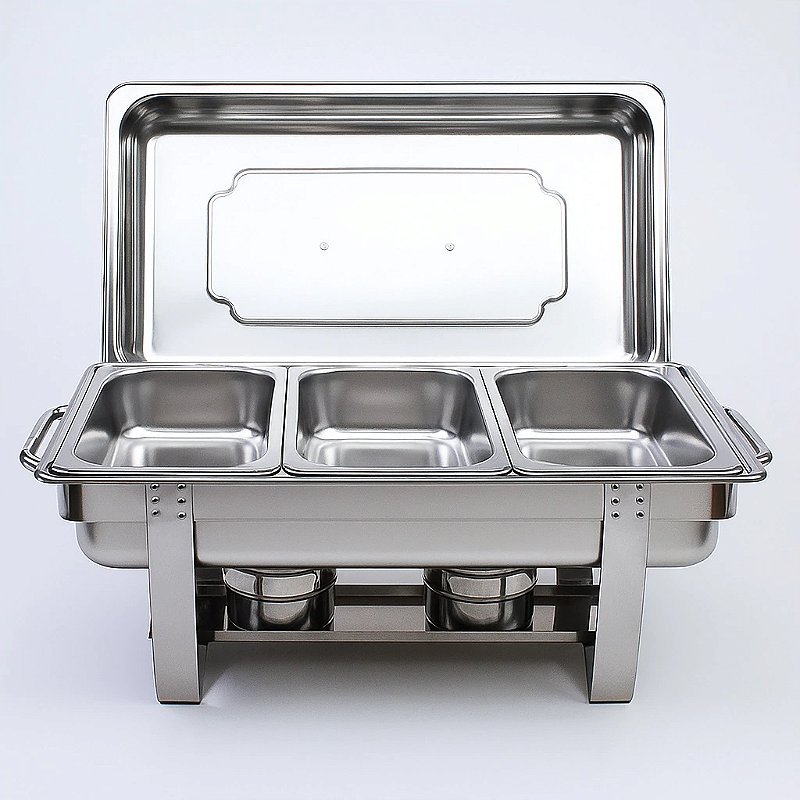 RECHAUD RETANGULAR INOX BANHO 3 CUBAS E FOGAREIRO
