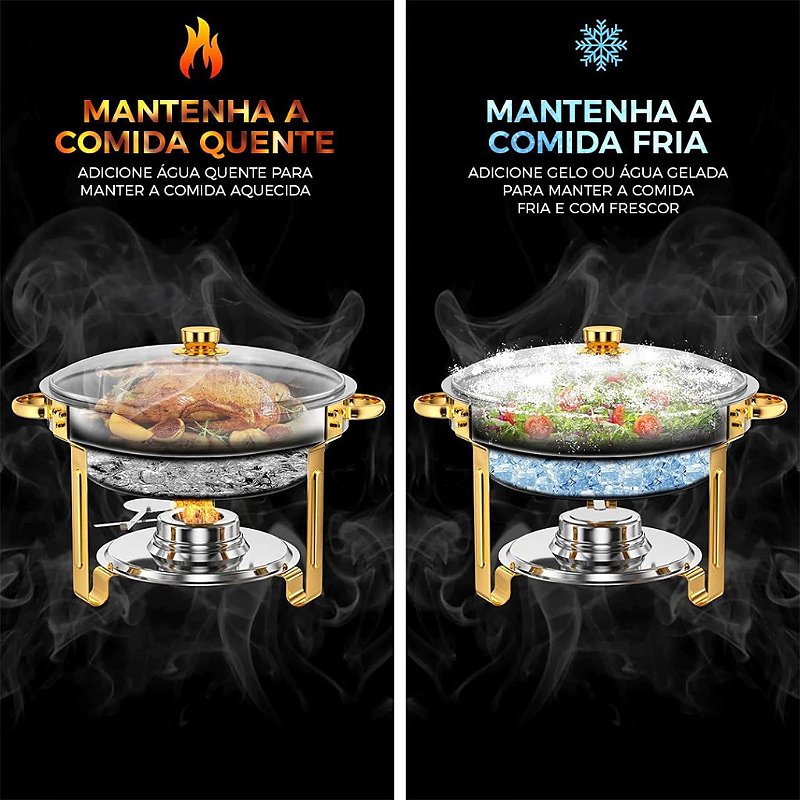 RECHAUD REDONDO DOURADO INOX BANHO 6L E FOGAREIRO