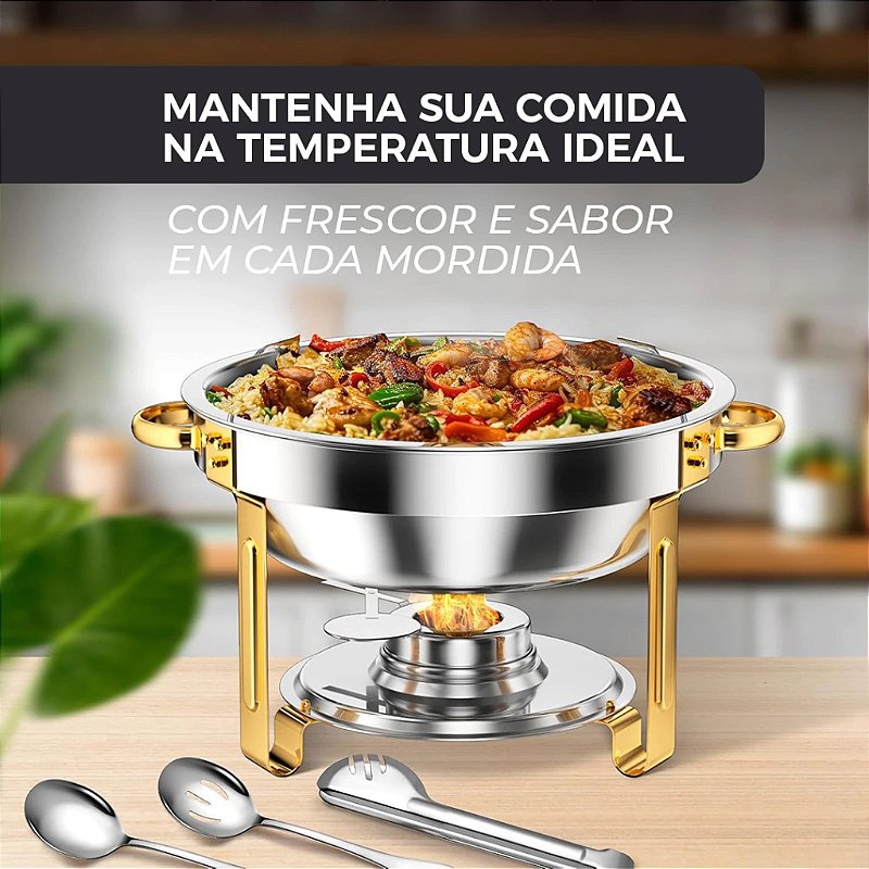 RECHAUD REDONDO DOURADO INOX BANHO 6L E FOGAREIRO