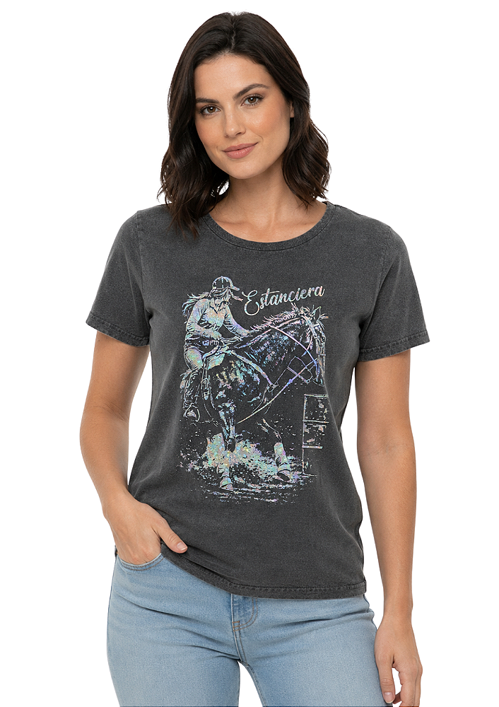 T-Shirt Baby Look Feminina Estanciero Amazona Glitter Neon