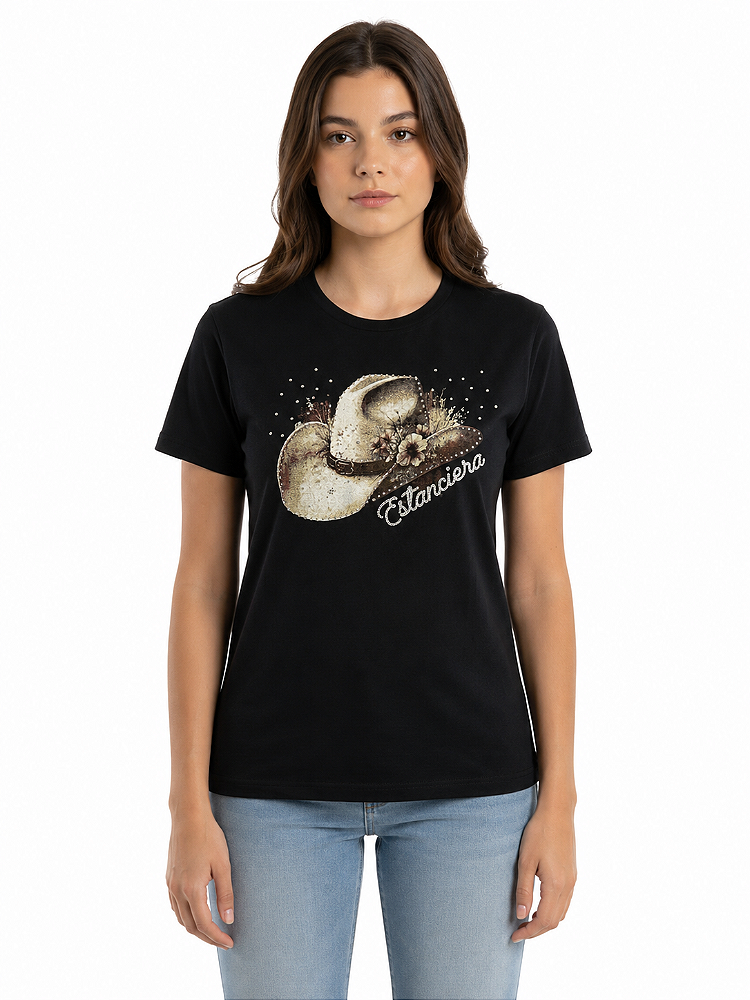 T-Shirt Regular Juvenil Feminina Estanciero Chapéu Strass