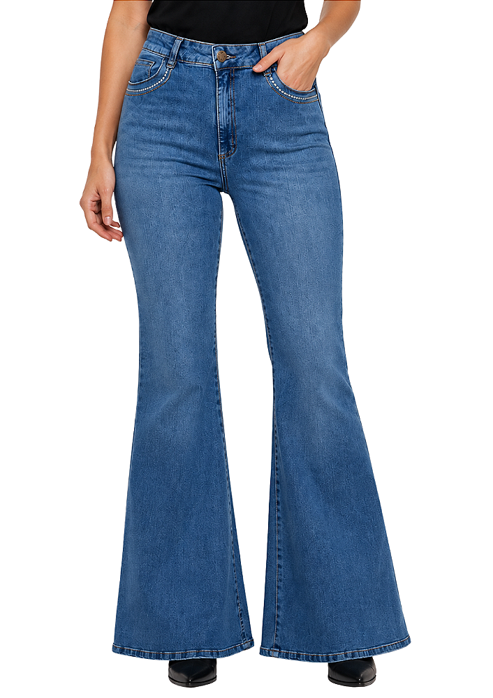 Calça jeans feminina flare bordada estanciero